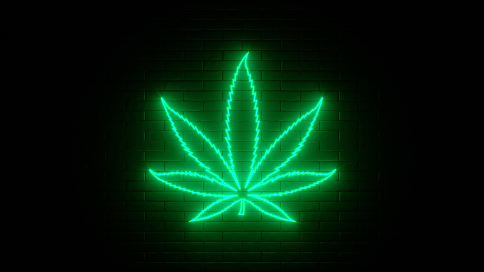 Neon sign on a brick wall. Cannabis weed marijuana leaf icon. Abstract background, spectrum vibrant colors. 3d render illustration.